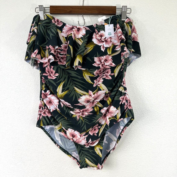 Kona Sol Swimsuit Womens Size L Green Floral One Piece Flounce Ruffle NWT - Picture 1 of 7